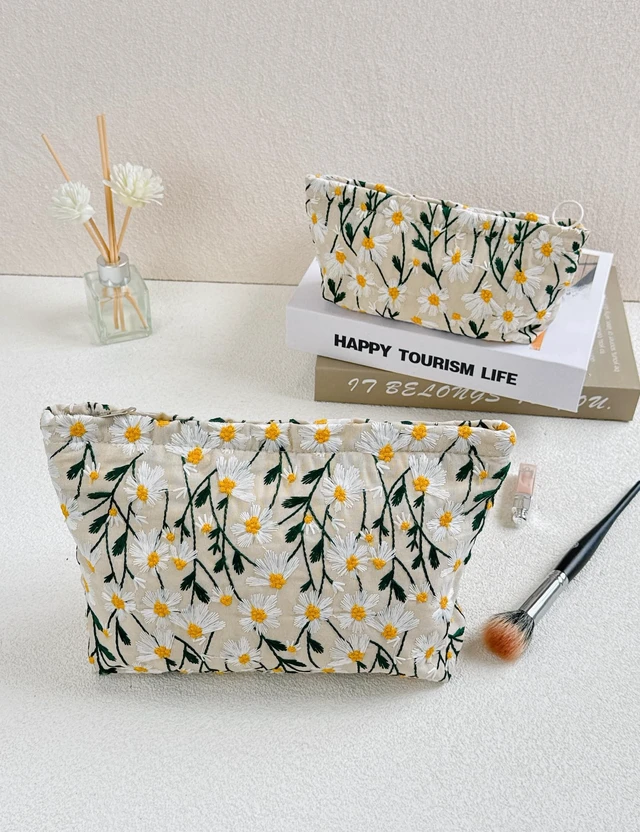Alt view image 2 of 7 - 2Pcs Floral Embroidery Canvas Makeup Bags, Daisy White | 2Pcs Large & Small SetCanvas cosmetic pouches, fits inside purse, zipper closure for travel & daily storage
