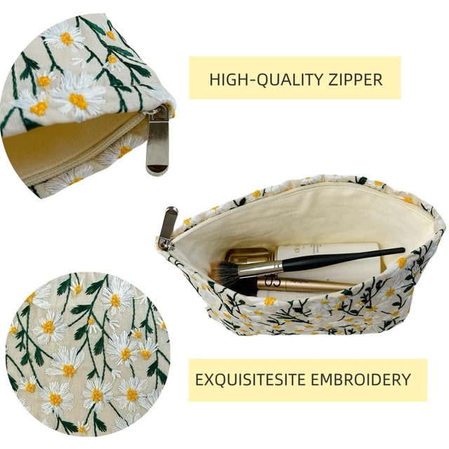 Alt view image 3 of 7 - 2Pcs Floral Embroidery Canvas Makeup Bags, Daisy White | 2Pcs Large & Small SetCanvas cosmetic pouches, fits inside purse, zipper closure for travel & daily storage