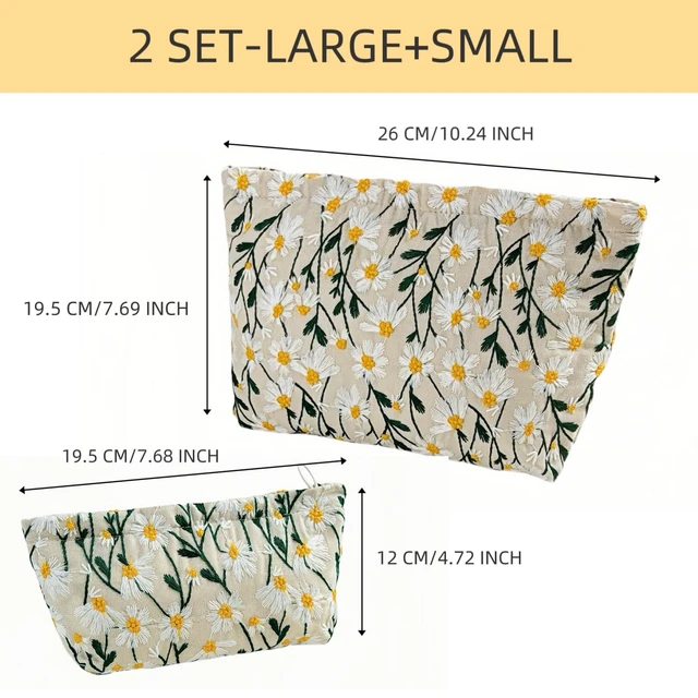 Alt view image 4 of 7 - 2Pcs Floral Embroidery Canvas Makeup Bags, Daisy White | 2Pcs Large & Small SetCanvas cosmetic pouches, fits inside purse, zipper closure for travel & daily storage