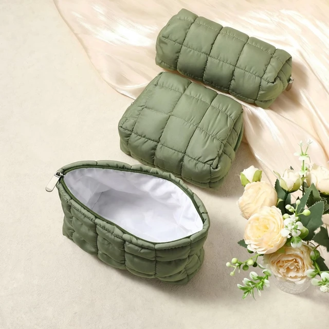 Alt view image 2 of 7 - 3 Pcs Puffy Makeup Bag for Women, Checkered, Green, Medium | Quilted Cosmetic Pouch Cute Travel Toiletry Bag Puffer Makeup Organizer Purse Pouch Preppy Pencil Case with Zipper