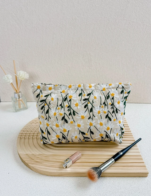 Alt view image 5 of 7 - 2Pcs Floral Embroidery Canvas Makeup Bags, Daisy White | 2Pcs Large & Small SetCanvas cosmetic pouches, fits inside purse, zipper closure for travel & daily storage