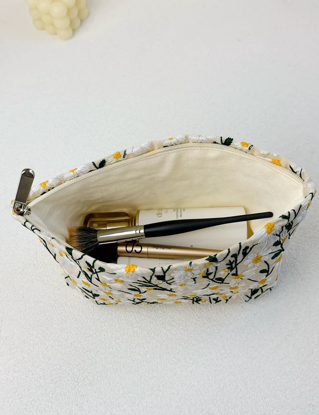 Alt view image 6 of 7 - 2Pcs Floral Embroidery Canvas Makeup Bags, Daisy White | 2Pcs Large & Small SetCanvas cosmetic pouches, fits inside purse, zipper closure for travel & daily storage