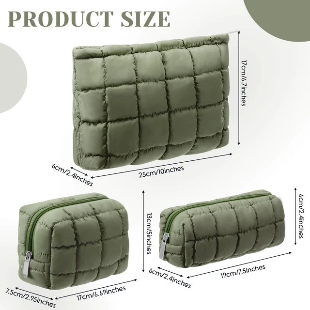 Alt view image 3 of 7 - 3 Pcs Puffy Makeup Bag for Women, Checkered, Green, Medium | Quilted Cosmetic Pouch Cute Travel Toiletry Bag Puffer Makeup Organizer Purse Pouch Preppy Pencil Case with Zipper