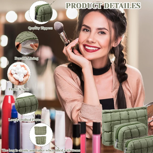 Alt view image 4 of 7 - 3 Pcs Puffy Makeup Bag for Women, Checkered, Green, Medium | Quilted Cosmetic Pouch Cute Travel Toiletry Bag Puffer Makeup Organizer Purse Pouch Preppy Pencil Case with Zipper
