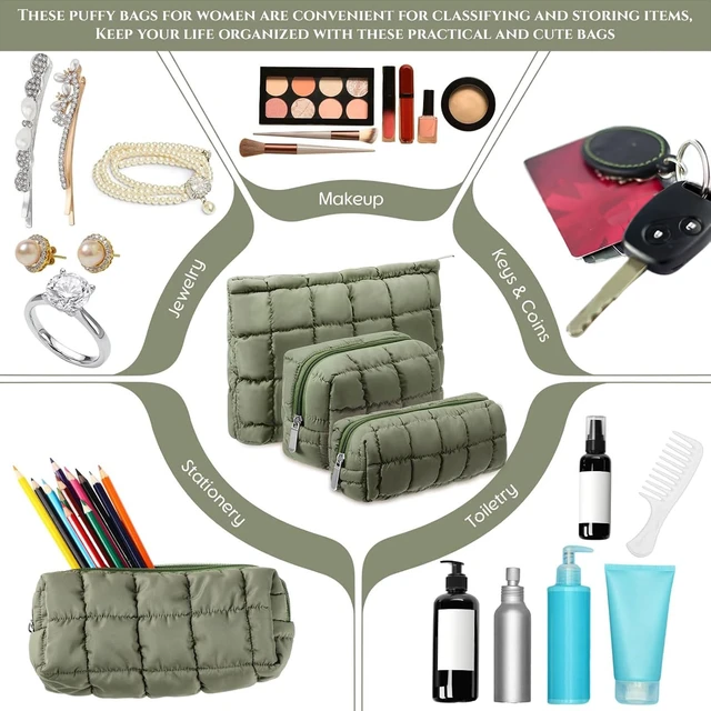 Alt view image 5 of 7 - 3 Pcs Puffy Makeup Bag for Women, Checkered, Green, Medium | Quilted Cosmetic Pouch Cute Travel Toiletry Bag Puffer Makeup Organizer Purse Pouch Preppy Pencil Case with Zipper