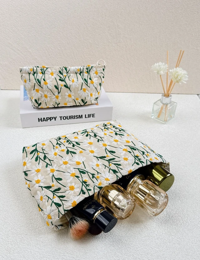 Alt view image 7 of 7 - 2Pcs Floral Embroidery Canvas Makeup Bags, Daisy White | 2Pcs Large & Small SetCanvas cosmetic pouches, fits inside purse, zipper closure for travel & daily storage