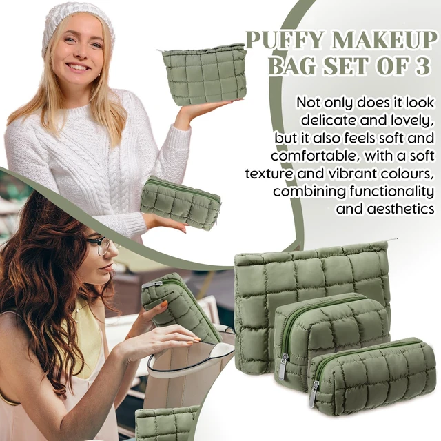 Alt view image 6 of 7 - 3 Pcs Puffy Makeup Bag for Women, Checkered, Green, Medium | Quilted Cosmetic Pouch Cute Travel Toiletry Bag Puffer Makeup Organizer Purse Pouch Preppy Pencil Case with Zipper