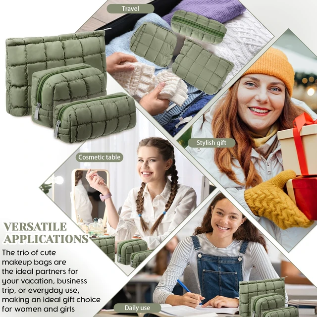 Alt view image 7 of 7 - 3 Pcs Puffy Makeup Bag for Women, Checkered, Green, Medium | Quilted Cosmetic Pouch Cute Travel Toiletry Bag Puffer Makeup Organizer Purse Pouch Preppy Pencil Case with Zipper