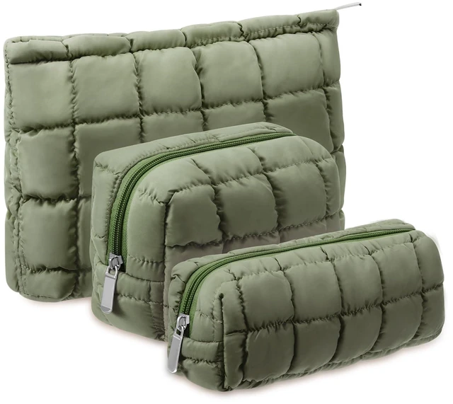 Main image of 3 Pcs Puffy Makeup Bag for Women, Checkered, Green, Medium | Quilted Cosmetic Pouch Cute Travel Toiletry Bag Puffer Makeup Organizer Purse Pouch Preppy Pencil Case with Zipper