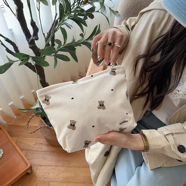 Alt view image 4 of 6 - Cute Small Soft Corduroy Zipper Makeup Bag for Purse03Beige | Coquette Aesthetic Pouch with Bear Pattern for Women Girls, Kawaii Travel Cosmetic Bags