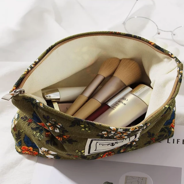 Alt view image 3 of 7 - Floral Makeup Bags for Women, Large Cosmetic Pouch for Purse, Dark Green | Travel Toiletry Zipper Canvas Pouch, Corduroy Bag Organizer for Travel Essentials Make up Brushes, Purse Organizer Pouches