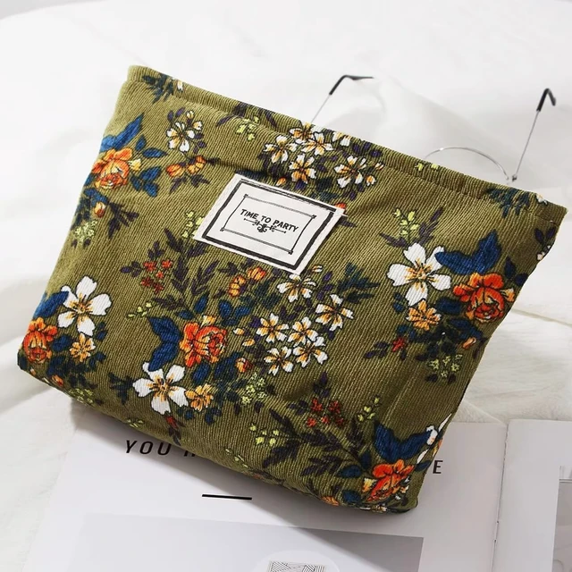 Alt view image 2 of 7 - Floral Makeup Bags for Women, Large Cosmetic Pouch for Purse, Dark Green | Travel Toiletry Zipper Canvas Pouch, Corduroy Bag Organizer for Travel Essentials Make up Brushes, Purse Organizer Pouches
