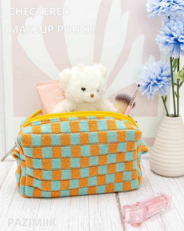 Alt view image 2 of 7 - Checkered Makeup Bag for Purse, Small Travel Cosmetic Pouch,Orange Green | Cute Zipper Makeup Organizer for Women, Travel Essentials, Toiletries, Makeup Brushes, Beauty Accessories&Bridesmaid Gifts