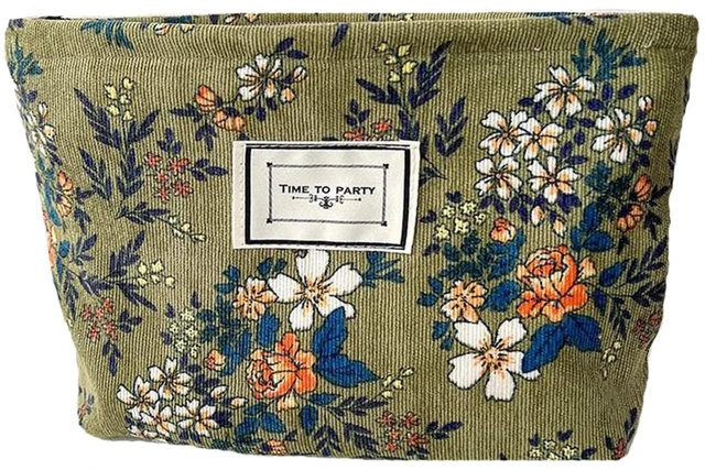 Main image of Floral Makeup Bags for Women, Large Cosmetic Pouch for Purse, Dark Green | Travel Toiletry Zipper Canvas Pouch, Corduroy Bag Organizer for Travel Essentials Make up Brushes, Purse Organizer Pouches