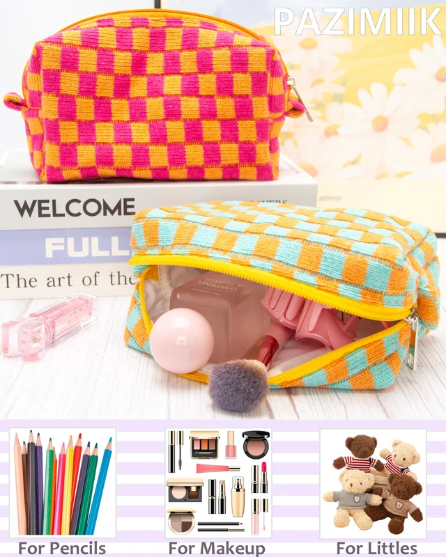 Alt view image 3 of 7 - Checkered Makeup Bag for Purse, Small Travel Cosmetic Pouch,Orange Green | Cute Zipper Makeup Organizer for Women, Travel Essentials, Toiletries, Makeup Brushes, Beauty Accessories&Bridesmaid Gifts