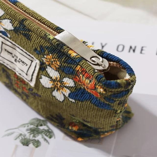 Alt view image 5 of 7 - Floral Makeup Bags for Women, Large Cosmetic Pouch for Purse, Dark Green | Travel Toiletry Zipper Canvas Pouch, Corduroy Bag Organizer for Travel Essentials Make up Brushes, Purse Organizer Pouches