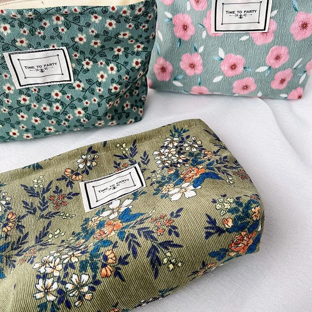 Alt view image 4 of 7 - Floral Makeup Bags for Women, Large Cosmetic Pouch for Purse, Dark Green | Travel Toiletry Zipper Canvas Pouch, Corduroy Bag Organizer for Travel Essentials Make up Brushes, Purse Organizer Pouches