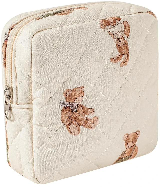 Main image of Small Quilted Cotton Makeup Bag for Purse01White Bear | Mini Lipstick Bag Key Pocket Card Holder Data Cable Organizer, Cosmetic Bag with Compartments, Travel Toiletry Pouch