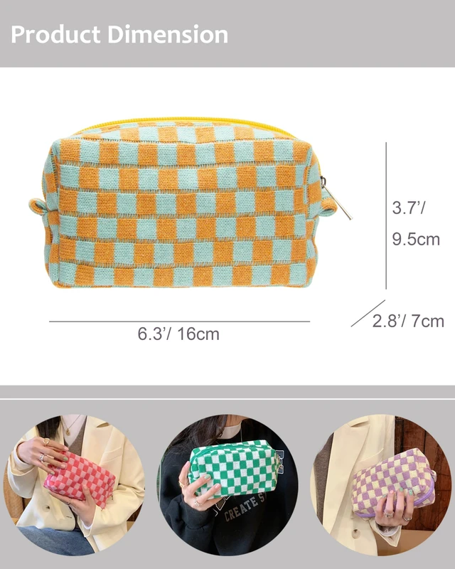 Alt view image 4 of 7 - Checkered Makeup Bag for Purse, Small Travel Cosmetic Pouch,Orange Green | Cute Zipper Makeup Organizer for Women, Travel Essentials, Toiletries, Makeup Brushes, Beauty Accessories&Bridesmaid Gifts