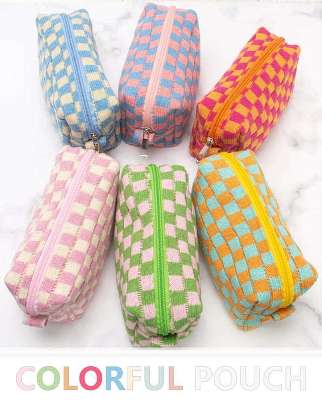 Alt view image 5 of 7 - Checkered Makeup Bag for Purse, Small Travel Cosmetic Pouch,Orange Green | Cute Zipper Makeup Organizer for Women, Travel Essentials, Toiletries, Makeup Brushes, Beauty Accessories&Bridesmaid Gifts