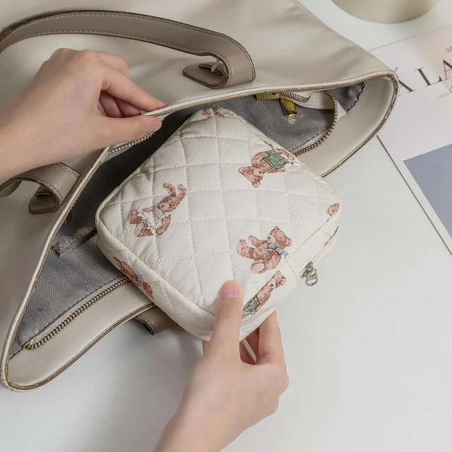 Alt view image 3 of 6 - Small Quilted Cotton Makeup Bag for Purse01White Bear | Mini Lipstick Bag Key Pocket Card Holder Data Cable Organizer, Cosmetic Bag with Compartments, Travel Toiletry Pouch