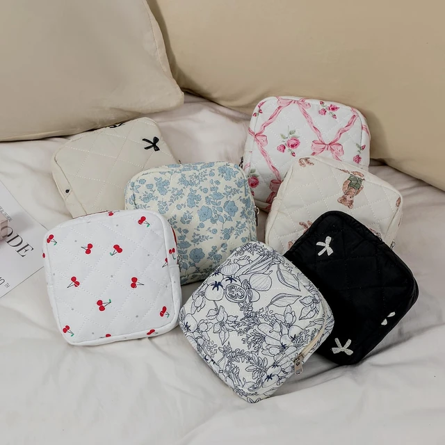 Alt view image 4 of 6 - Small Quilted Cotton Makeup Bag for Purse01White Bear | Mini Lipstick Bag Key Pocket Card Holder Data Cable Organizer, Cosmetic Bag with Compartments, Travel Toiletry Pouch