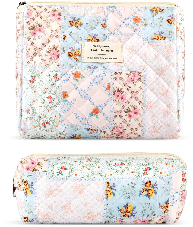 Main image of 2Pcs Quilted Cotton Makeup Bag Large Travel Makeup Pouch Small Brush Holder Set for Women Cute Floral Coquette Makeup Bag Aesthetic Cosmetic Bag Flower Bee Toiletry Organizer Storage Bag Zipper Pouch