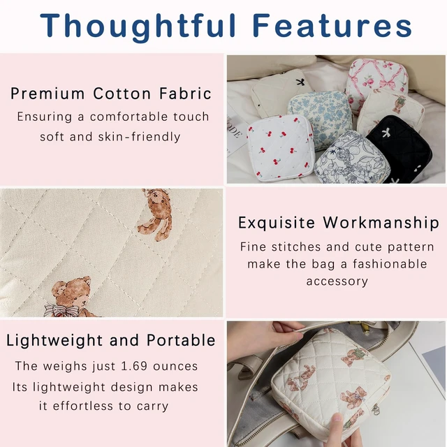 Alt view image 5 of 6 - Small Quilted Cotton Makeup Bag for Purse01White Bear | Mini Lipstick Bag Key Pocket Card Holder Data Cable Organizer, Cosmetic Bag with Compartments, Travel Toiletry Pouch