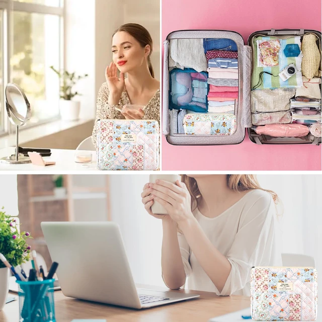Alt view image 3 of 6 - 2Pcs Quilted Cotton Makeup Bag Large Travel Makeup Pouch Small Brush Holder Set for Women Cute Floral Coquette Makeup Bag Aesthetic Cosmetic Bag Flower Bee Toiletry Organizer Storage Bag Zipper Pouch