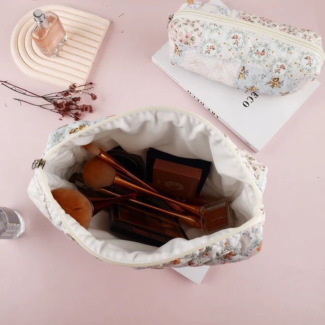 Alt view image 4 of 6 - 2Pcs Quilted Cotton Makeup Bag Large Travel Makeup Pouch Small Brush Holder Set for Women Cute Floral Coquette Makeup Bag Aesthetic Cosmetic Bag Flower Bee Toiletry Organizer Storage Bag Zipper Pouch