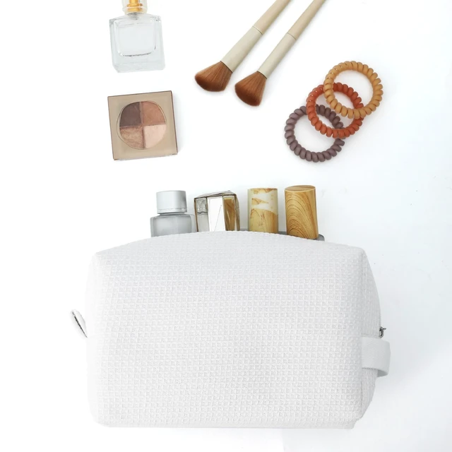 Alt view image 3 of 7 - Small Waffle Makeup Bag for Travel, White | Cotton Material, Zipper Closure, Portable, Organizer for Cosmetic Accessories, Brushes, Skincare