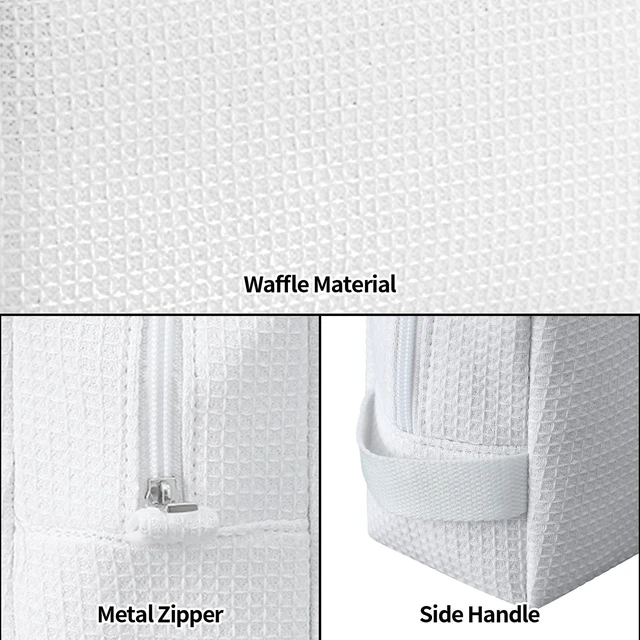 Alt view image 4 of 7 - Small Waffle Makeup Bag for Travel, White | Cotton Material, Zipper Closure, Portable, Organizer for Cosmetic Accessories, Brushes, Skincare