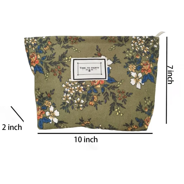 Alt view image 6 of 7 - Floral Makeup Bags for Women, Large Cosmetic Pouch for Purse, Dark Green | Travel Toiletry Zipper Canvas Pouch, Corduroy Bag Organizer for Travel Essentials Make up Brushes, Purse Organizer Pouches
