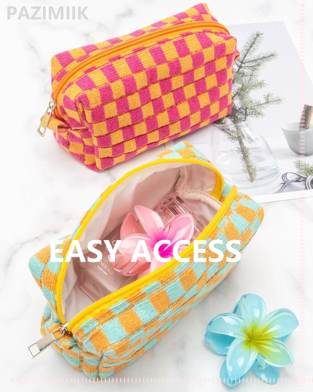 Alt view image 7 of 7 - Checkered Makeup Bag for Purse, Small Travel Cosmetic Pouch,Orange Green | Cute Zipper Makeup Organizer for Women, Travel Essentials, Toiletries, Makeup Brushes, Beauty Accessories&Bridesmaid Gifts