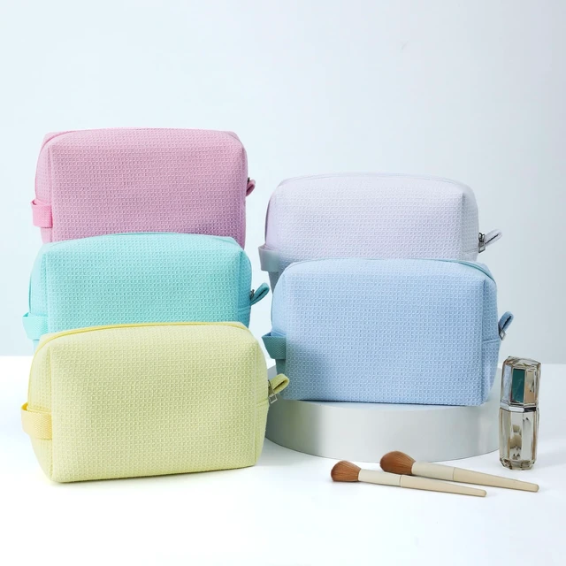 Alt view image 7 of 7 - Small Waffle Makeup Bag for Travel, White | Cotton Material, Zipper Closure, Portable, Organizer for Cosmetic Accessories, Brushes, Skincare