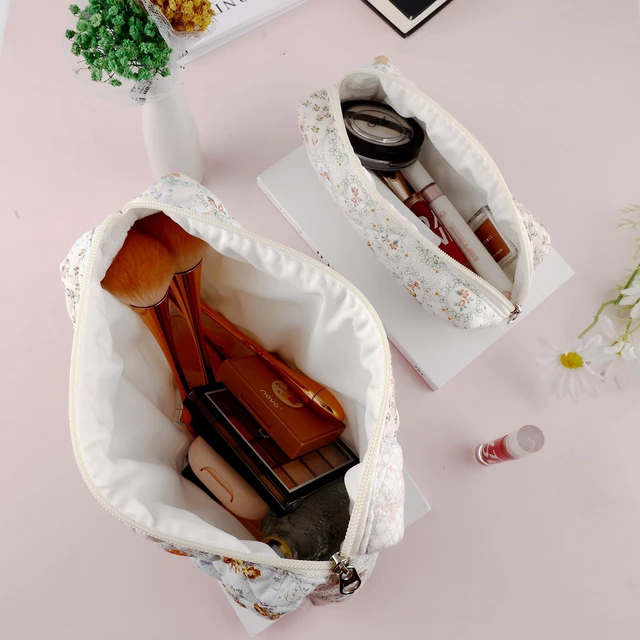 Alt view image 6 of 6 - 2Pcs Quilted Cotton Makeup Bag Large Travel Makeup Pouch Small Brush Holder Set for Women Cute Floral Coquette Makeup Bag Aesthetic Cosmetic Bag Flower Bee Toiletry Organizer Storage Bag Zipper Pouch