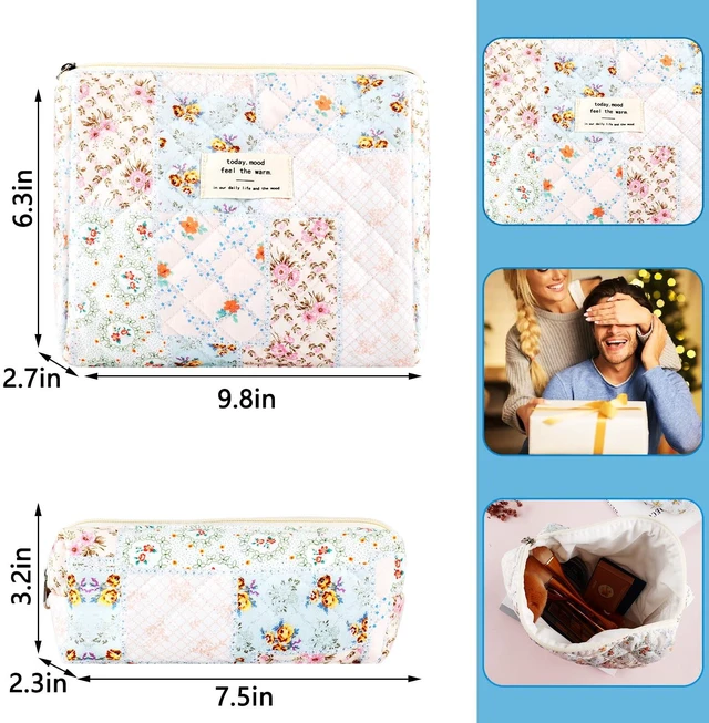 Alt view image 2 of 6 - 2Pcs Quilted Cotton Makeup Bag Large Travel Makeup Pouch Small Brush Holder Set for Women Cute Floral Coquette Makeup Bag Aesthetic Cosmetic Bag Flower Bee Toiletry Organizer Storage Bag Zipper Pouch