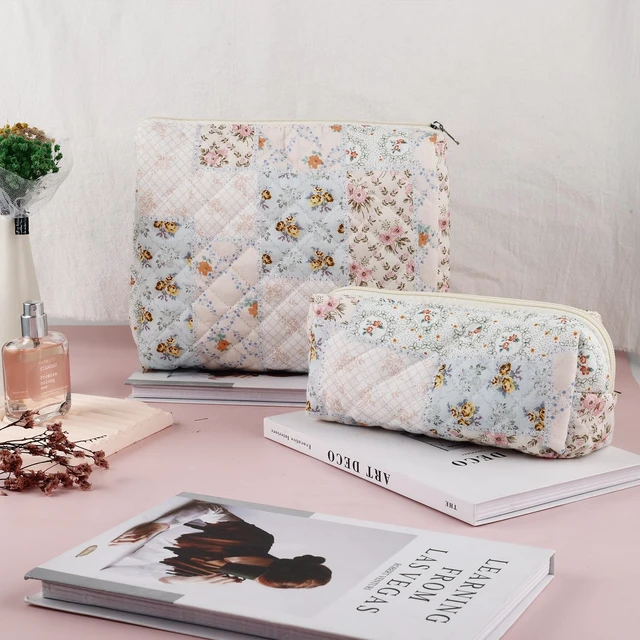 Alt view image 5 of 6 - 2Pcs Quilted Cotton Makeup Bag Large Travel Makeup Pouch Small Brush Holder Set for Women Cute Floral Coquette Makeup Bag Aesthetic Cosmetic Bag Flower Bee Toiletry Organizer Storage Bag Zipper Pouch