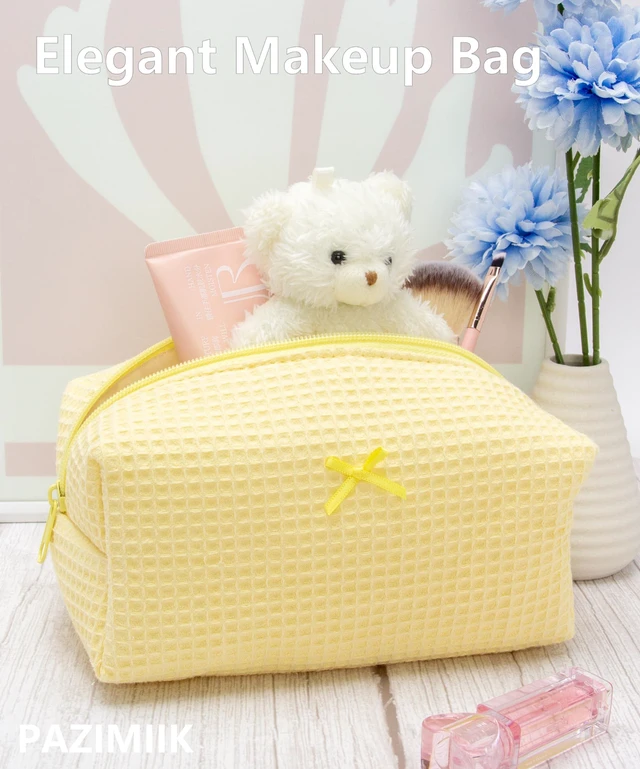 Alt view image 2 of 7 - Cozy Makeup Bag for Women,Zipper Cosmetic Pouch,Waffle Yellow | Soft Cosmetic Organizer for Makeup,Skincare,Toiletries,Daily Beauty Essentials,Purse,On-the-Go,Bridesmaid Gifts