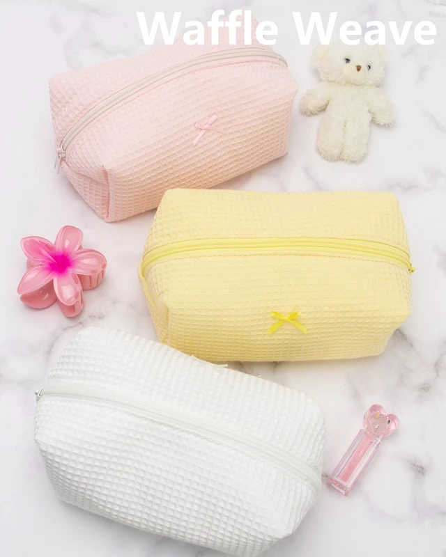 Alt view image 5 of 7 - Cozy Makeup Bag for Women,Zipper Cosmetic Pouch,Waffle Yellow | Soft Cosmetic Organizer for Makeup,Skincare,Toiletries,Daily Beauty Essentials,Purse,On-the-Go,Bridesmaid Gifts