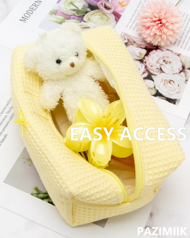Alt view image 3 of 7 - Cozy Makeup Bag for Women,Zipper Cosmetic Pouch,Waffle Yellow | Soft Cosmetic Organizer for Makeup,Skincare,Toiletries,Daily Beauty Essentials,Purse,On-the-Go,Bridesmaid Gifts