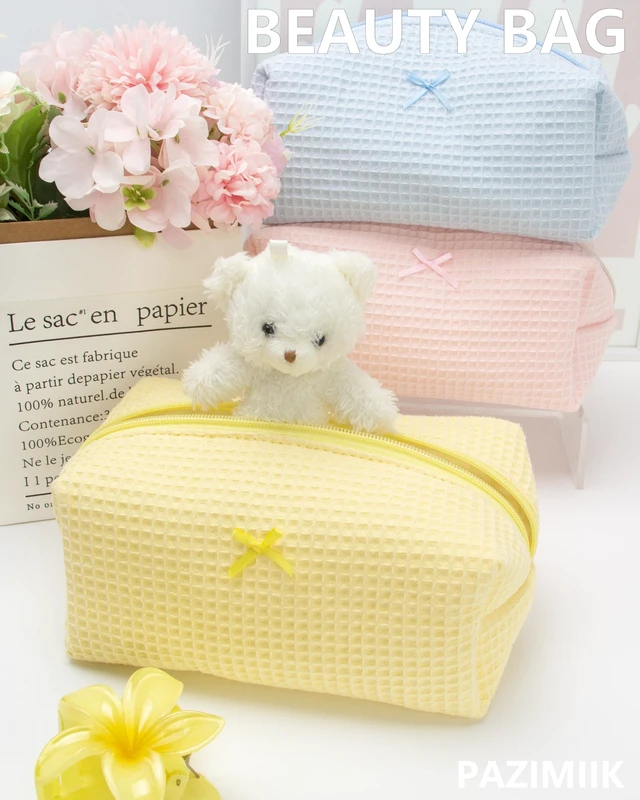 Alt view image 7 of 7 - Cozy Makeup Bag for Women,Zipper Cosmetic Pouch,Waffle Yellow | Soft Cosmetic Organizer for Makeup,Skincare,Toiletries,Daily Beauty Essentials,Purse,On-the-Go,Bridesmaid Gifts