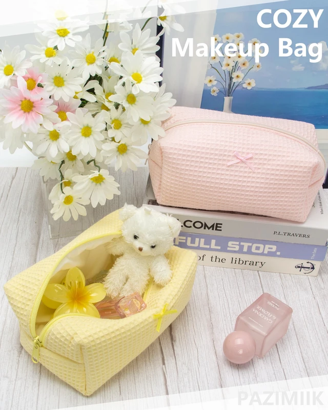 Alt view image 6 of 7 - Cozy Makeup Bag for Women,Zipper Cosmetic Pouch,Waffle Yellow | Soft Cosmetic Organizer for Makeup,Skincare,Toiletries,Daily Beauty Essentials,Purse,On-the-Go,Bridesmaid Gifts