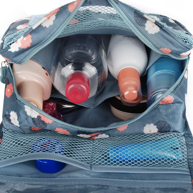 Alt view image 2 of 7 - Small Hanging Travel Toiletry Bag for Women Girls Kids, Travel Bag for Toiletries, Makeup Bag Organizer Make Up Bags Cosmetic Bags (Blue Flower)