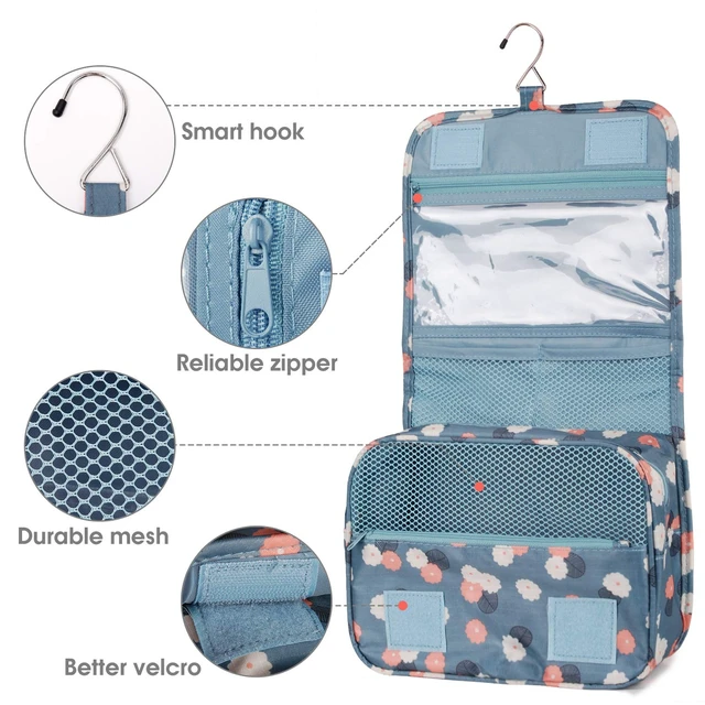 Alt view image 4 of 7 - Small Hanging Travel Toiletry Bag for Women Girls Kids, Travel Bag for Toiletries, Makeup Bag Organizer Make Up Bags Cosmetic Bags (Blue Flower)