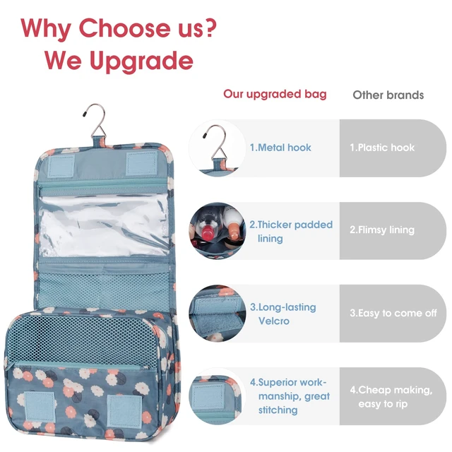 Alt view image 5 of 7 - Small Hanging Travel Toiletry Bag for Women Girls Kids, Travel Bag for Toiletries, Makeup Bag Organizer Make Up Bags Cosmetic Bags (Blue Flower)