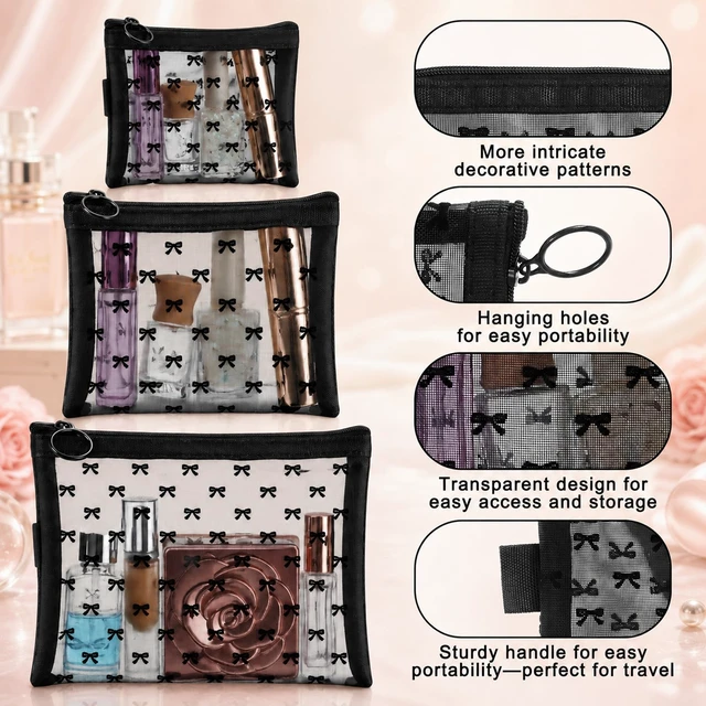 Alt view image 3 of 7 - 3Pcs Bow Printed Mesh Makeup Bag Set, Multiple Sizes Portable Mesh Pouch with Zipper Travel Mesh-Cosmetic Bags Toiletry Bag Makeup Purse Bags for Offices Home Travel Accessories
