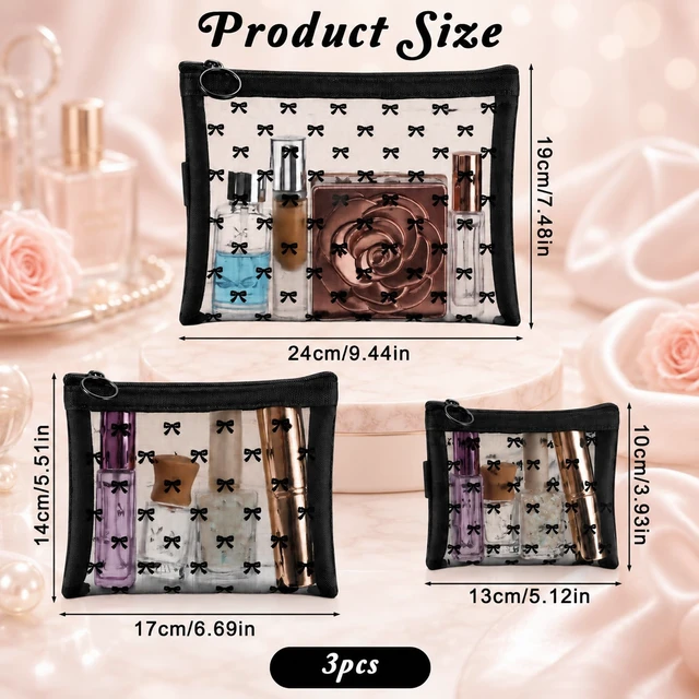 Alt view image 2 of 7 - 3Pcs Bow Printed Mesh Makeup Bag Set, Multiple Sizes Portable Mesh Pouch with Zipper Travel Mesh-Cosmetic Bags Toiletry Bag Makeup Purse Bags for Offices Home Travel Accessories