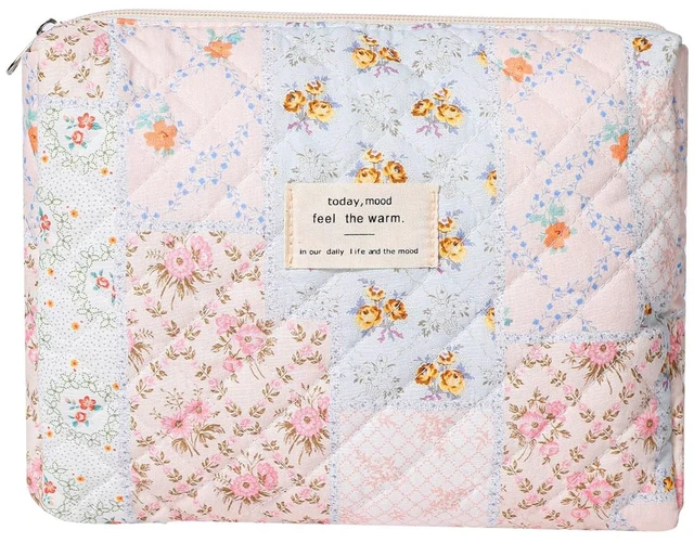 Main image of Quilted Cotton Makeup Bag, Floral Coquette Pouch(03Pink Flower) | Soft Toiletry Bag with Zipper for Women and Girls,Cute Kawaii Travel Cosmetic Bags