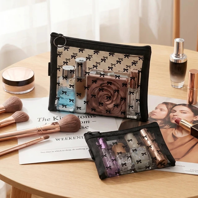Alt view image 4 of 7 - 3Pcs Bow Printed Mesh Makeup Bag Set, Multiple Sizes Portable Mesh Pouch with Zipper Travel Mesh-Cosmetic Bags Toiletry Bag Makeup Purse Bags for Offices Home Travel Accessories